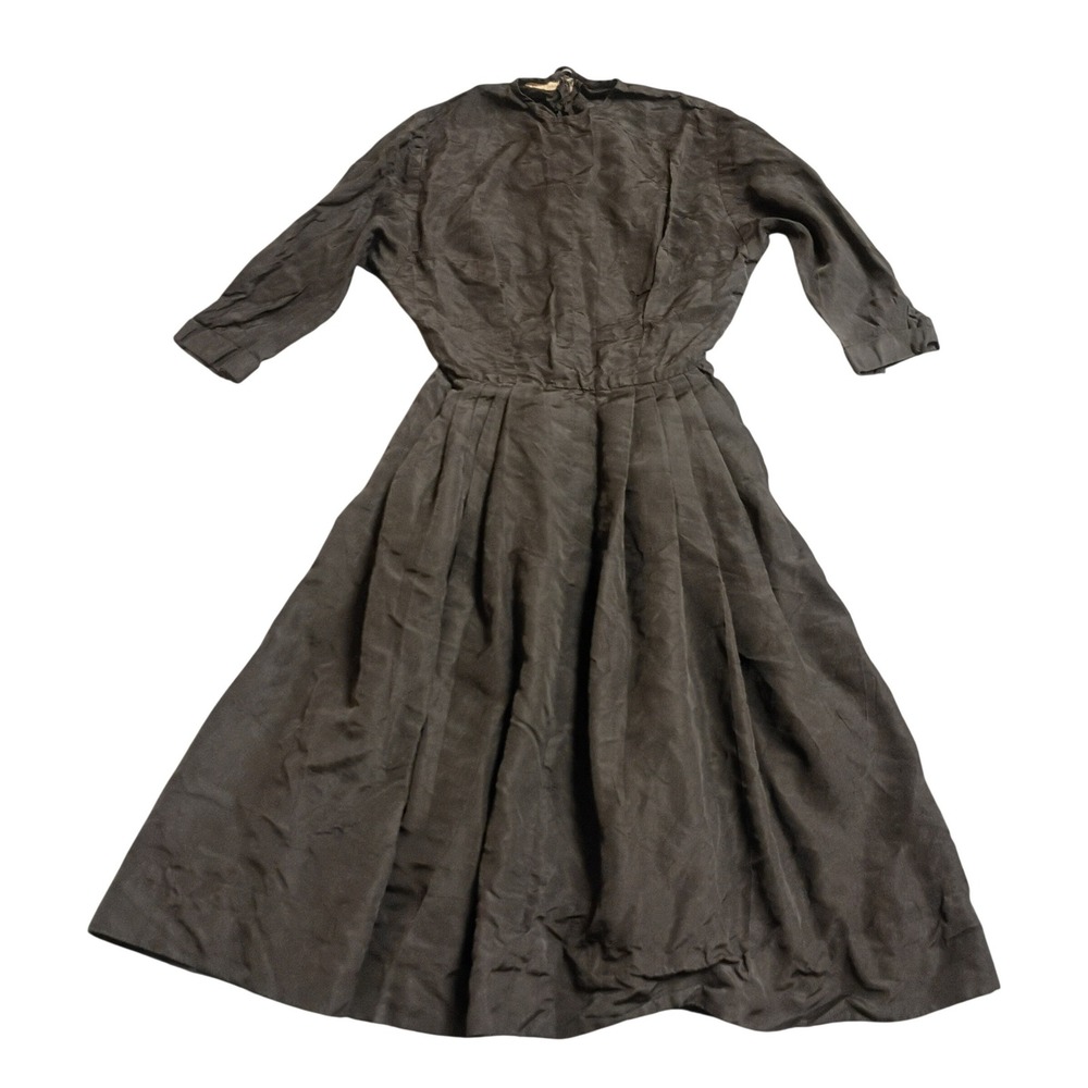 Vintage Midi Dress Womens XS Black Pleated Fit & Flare Handmade Lined Goth